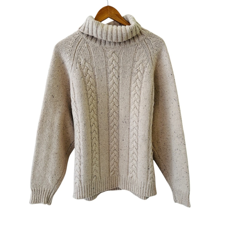 Orvis Wool Cashmere Turtleneck Sweater Mens L Fisherman Cable Knit Elbow Patch